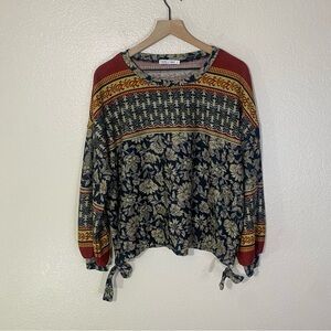 Anthropologie Fig and Flower Size L Floral Colorful Tie Side Boho Blouse Sz L